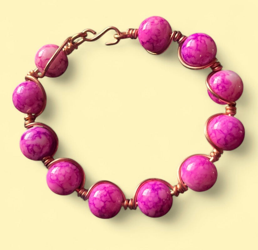 Pink Marbled Copper Bracelet — Size 5.25 (12 mm Beads-S)