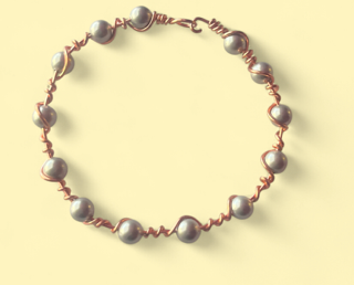 Copper Bracelet with Silver Metallic 8 mm Beads — Size 8.5 L
