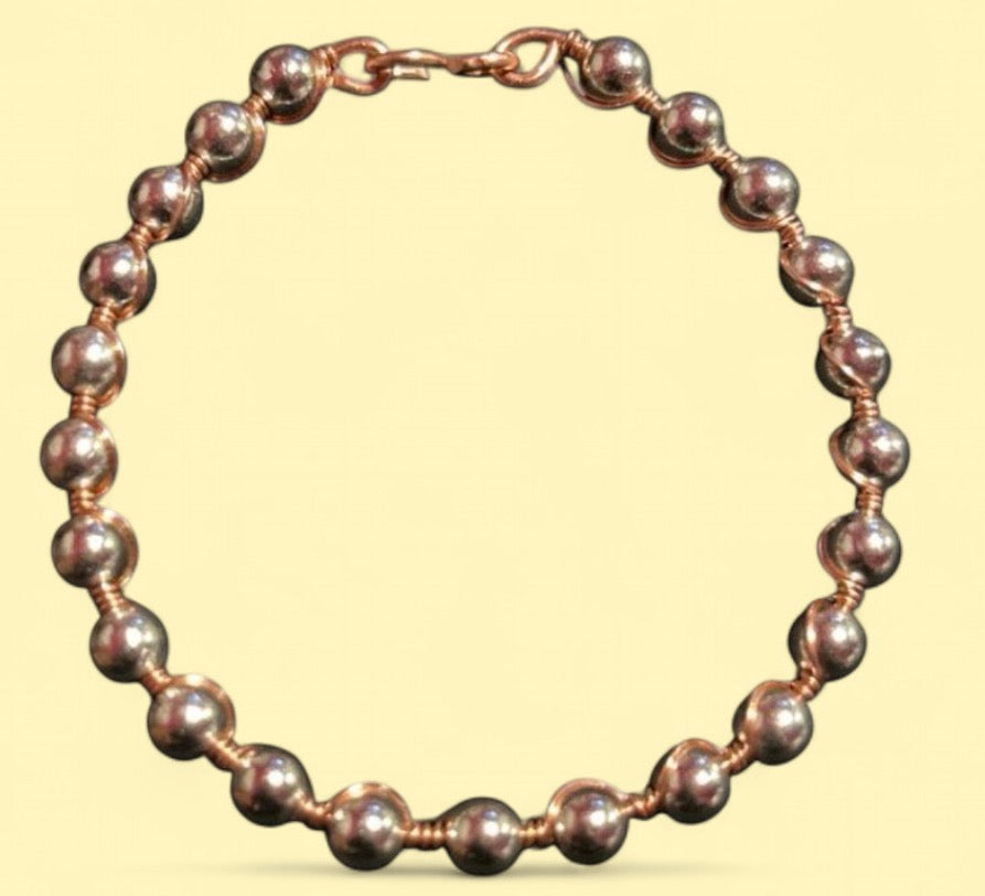 Metallic Silver Beaded & Copper Bracelet — Size 6.5 M (6 mm Beads)