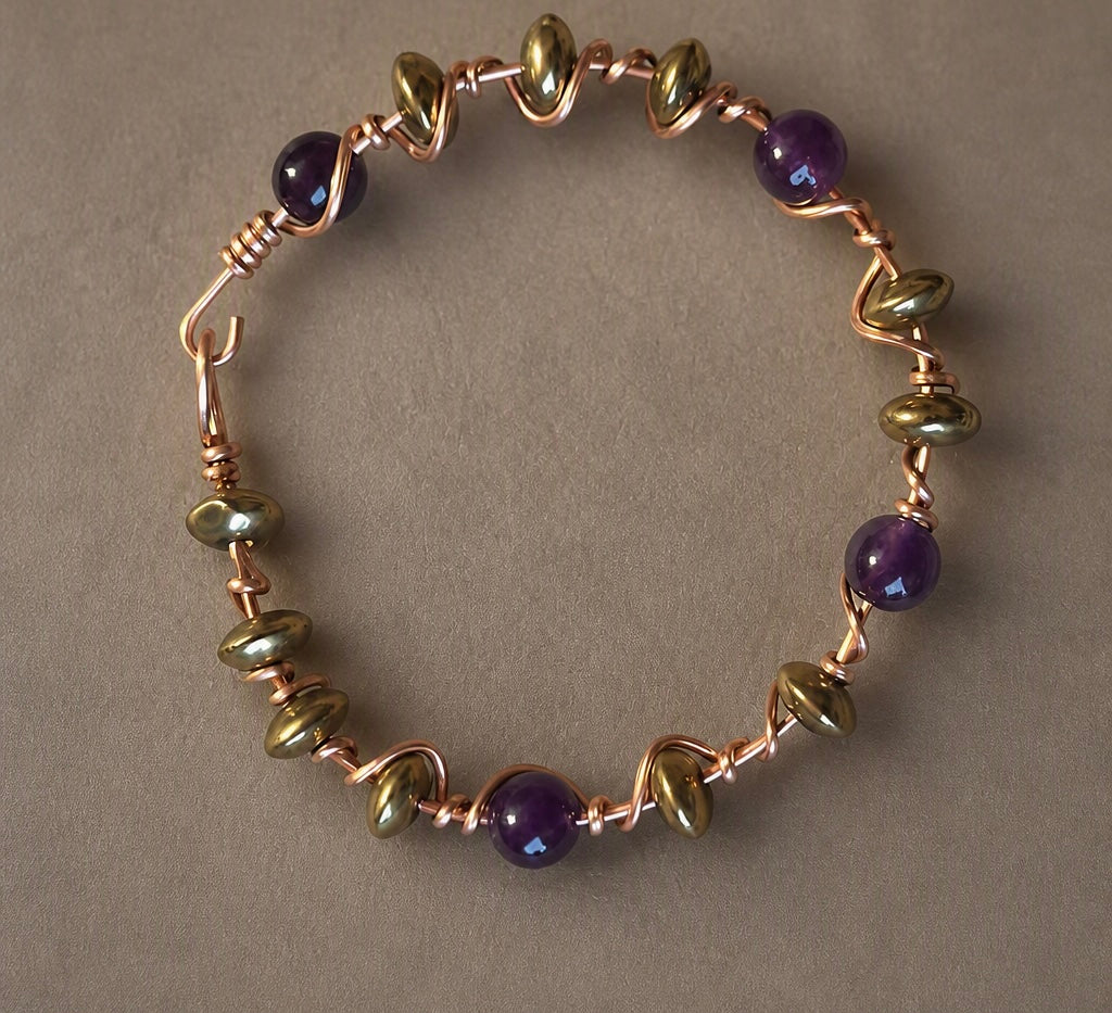 Amethyst & Mixed Bead Copper Bracelet — Size 6½ Small (8 mm Beads)