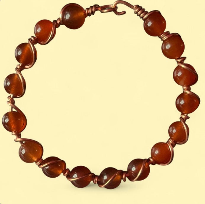 Copper Bracelet - 8 mm Red Agate Beads, Size 6.5 M