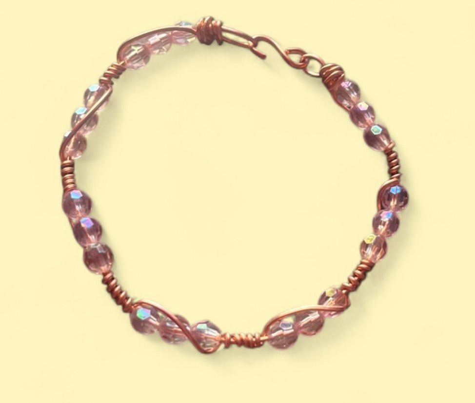 Copper Bracelet - 6 mm Light Pink Acrylic Beads, Size 7 M