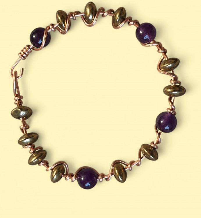 Amethyst & Mixed Rustic Bead Copper Bracelet — Size 6.5 M (8 mm Beads)