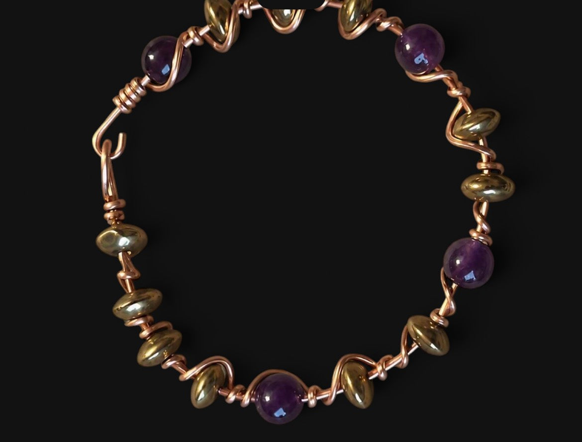 Amethyst & Mixed Bead Copper Bracelet — Size 6½ Small (8 mm Beads)