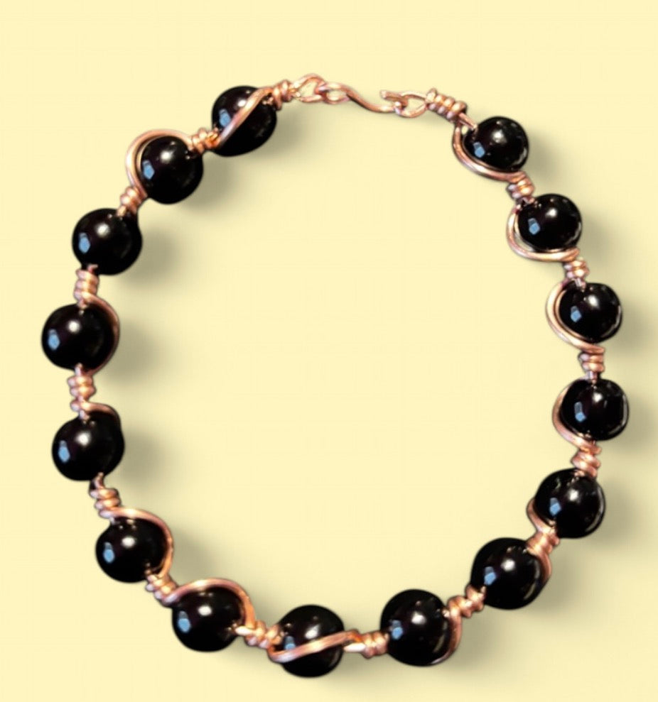 Black Obsidian & Copper Grounding Bracelet — Size 6.5 M (8 mm Beads)