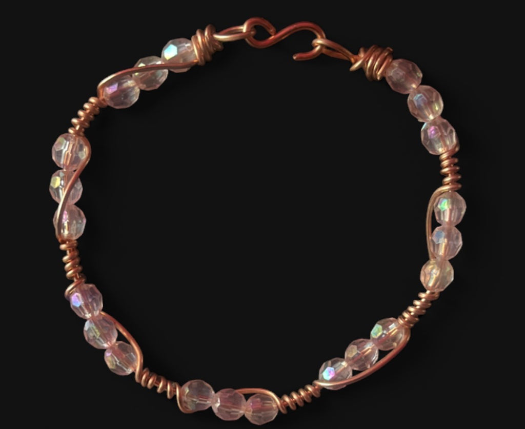Copper Bracelet - 6 mm Light Pink Acrylic Beads, Size 7 M