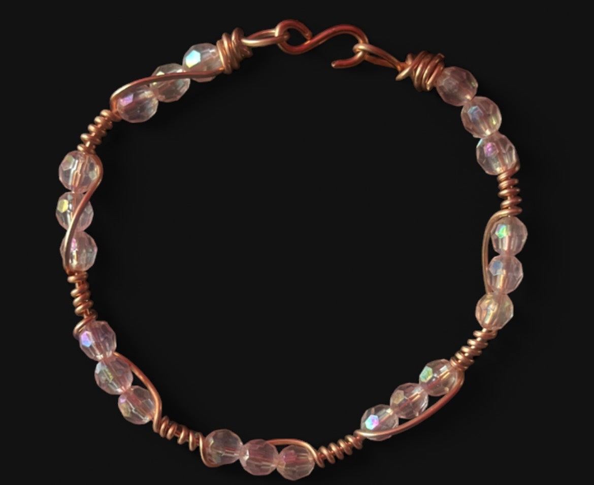 Copper Bracelet - 6 mm Light Pink Acrylic Beads, Size 7 M