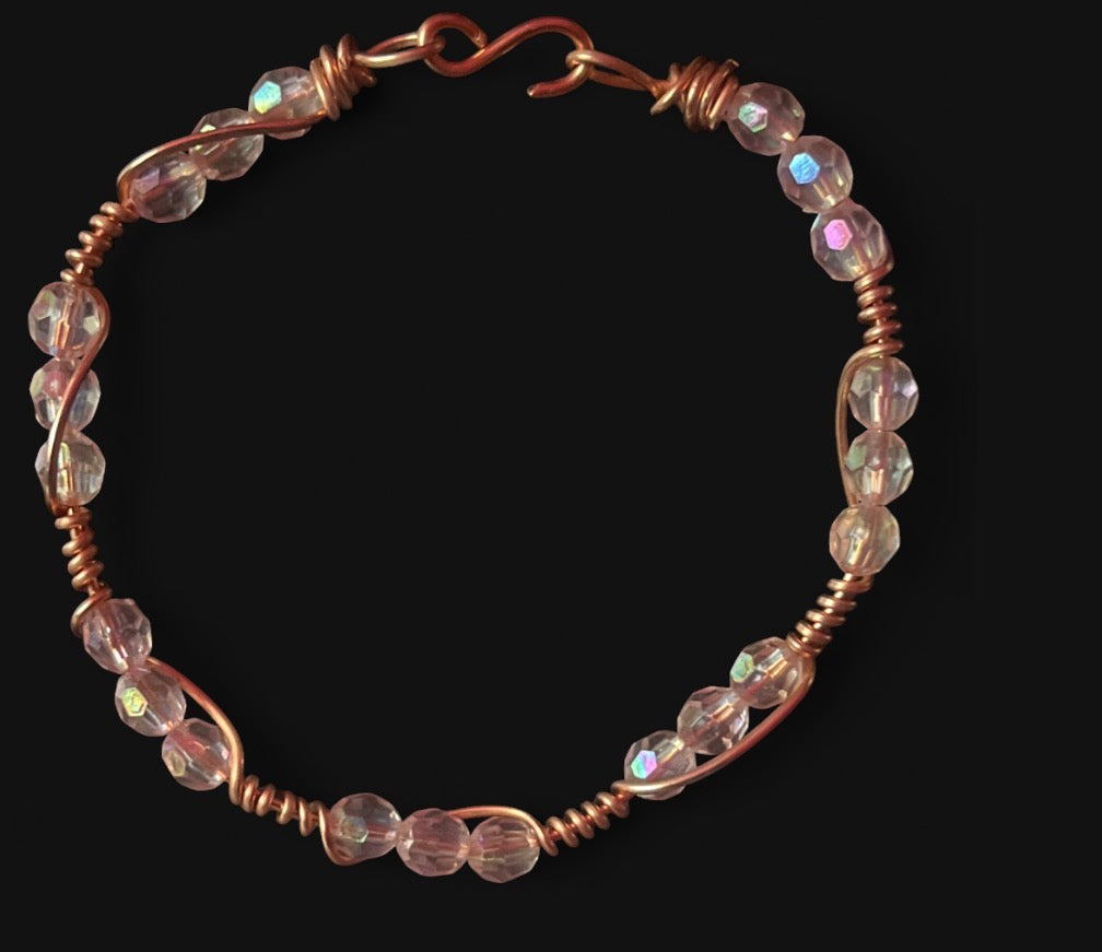 Copper Bracelet - 6 mm Light Pink Acrylic Beads, Size 7 M