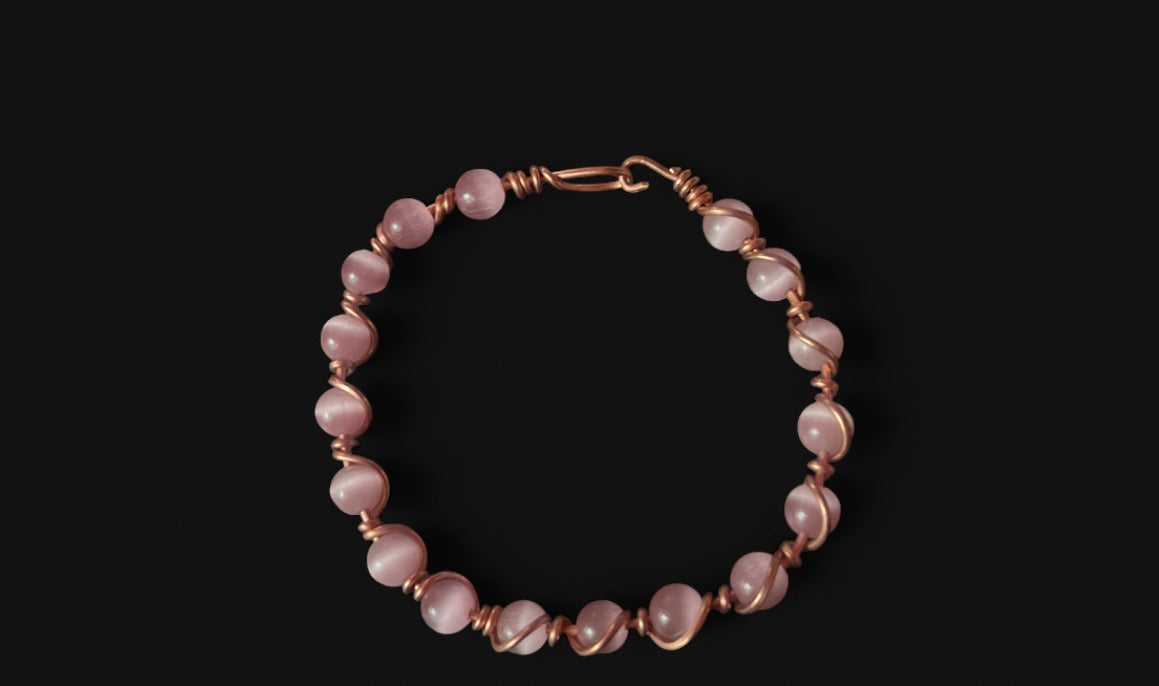 Pink Cat's Eye & Copper Bracelet — Size 6 Small (4 mm Beads)