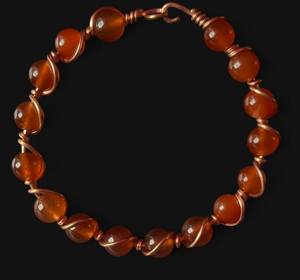 Copper Bracelet - 8 mm Red Agate Beads, Size 6.5 M