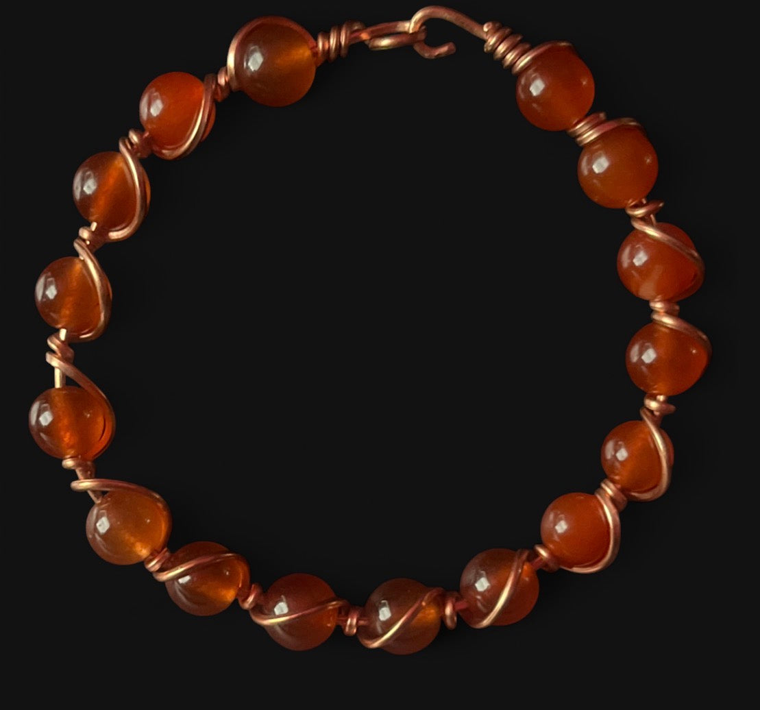 Copper Bracelet - 8 mm Red Agate Beads, Size 6.5 M