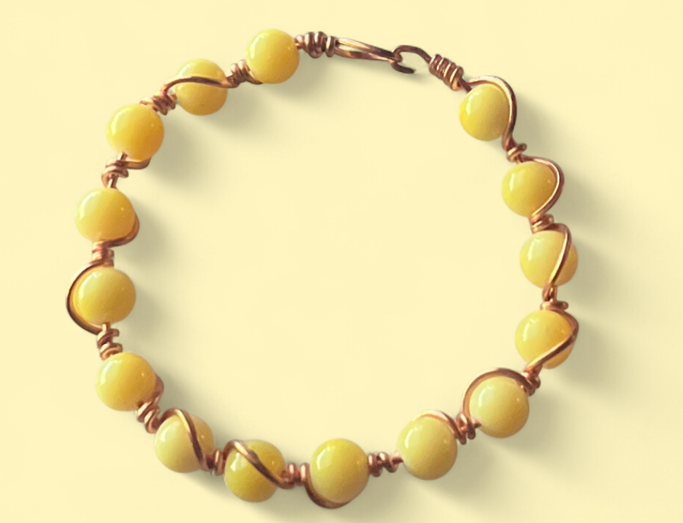 Yellow Glass Bead Copper Bracelet — Size 6.5 S(12 mm Beads)