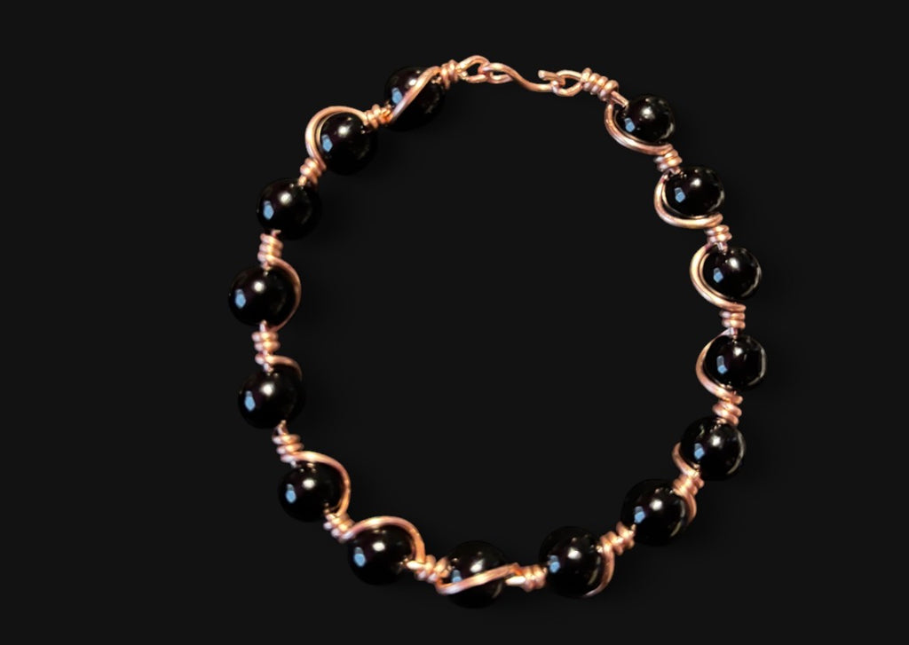 Black Obsidian & Copper Bracelet — Size 6 1/2 Small (8 mm Beads)