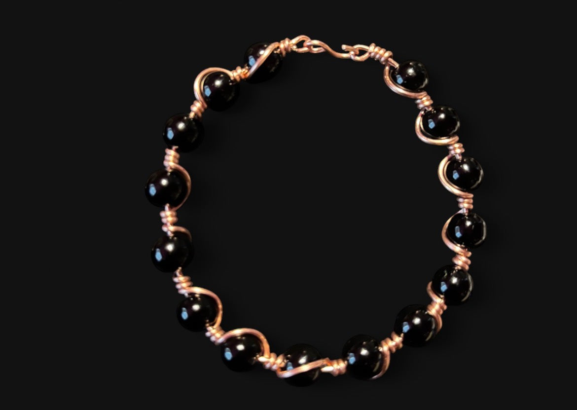 Black Obsidian & Copper Bracelet — Size 6 1/2 Small (8 mm Beads)