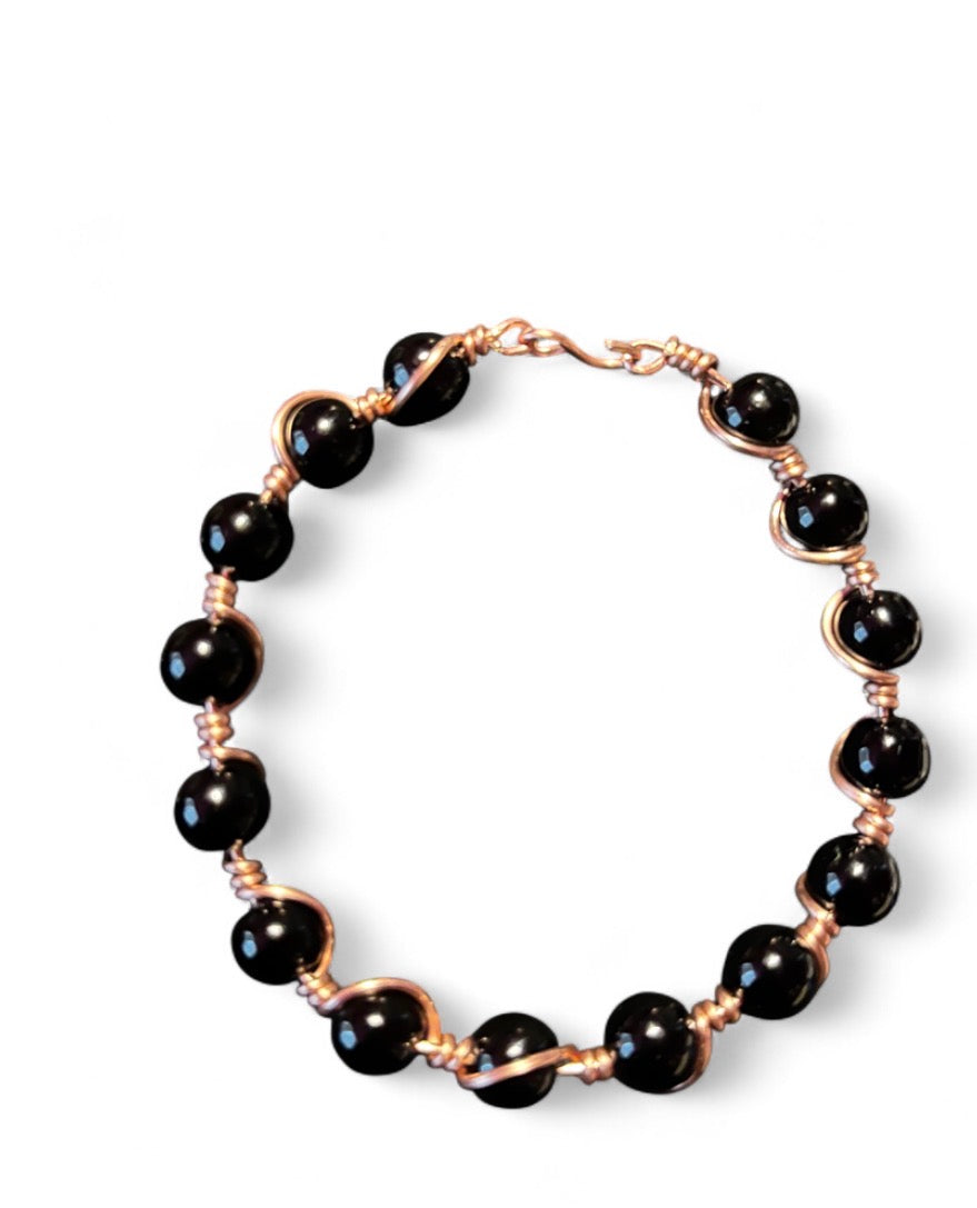 Black Obsidian & Copper Bracelet — Size 6 1/2 Small (8 mm Beads)