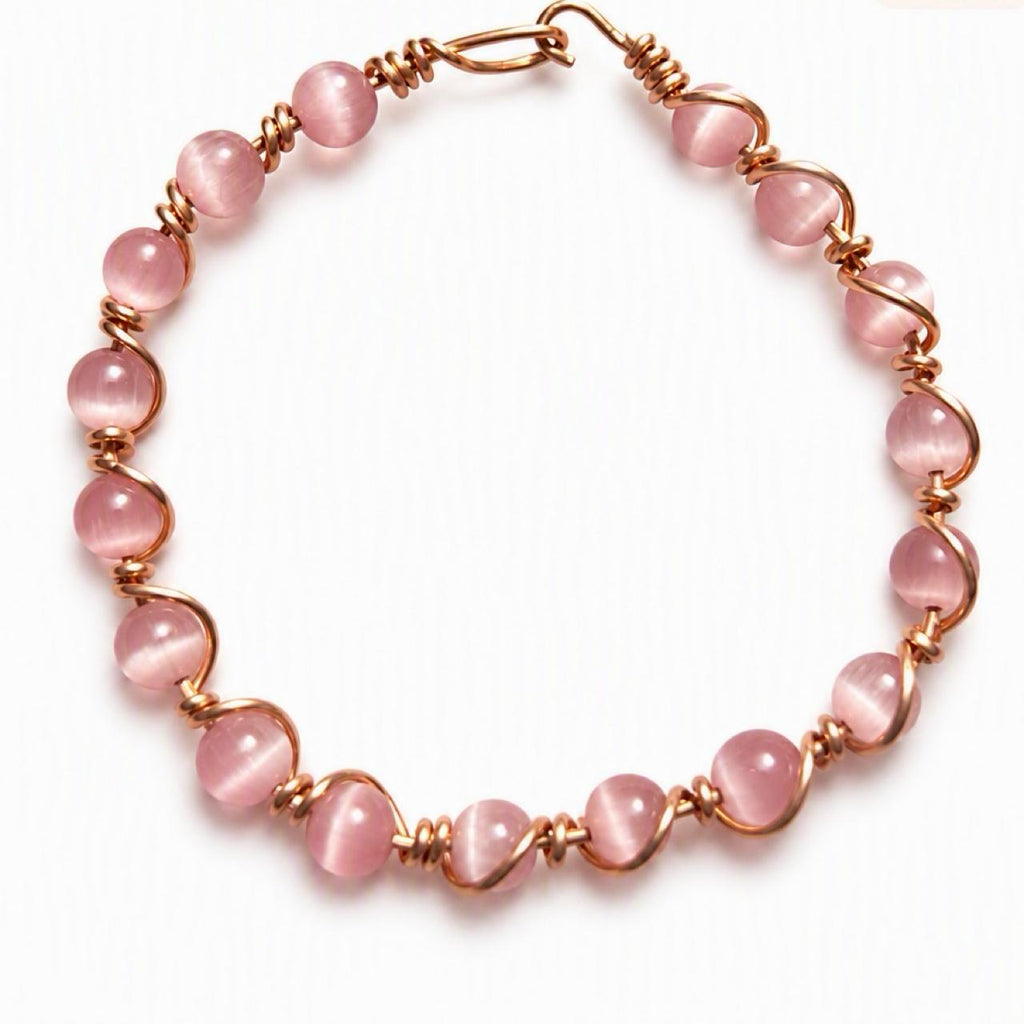 Pink Cat's Eye & Copper Bracelet — Size 6 Small (4 mm Beads)