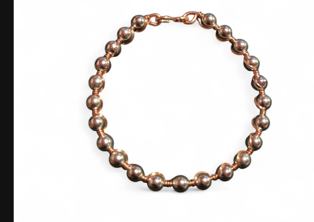 Metallic Silver Beaded & Copper Bracelet — Size 6 1/2 Small (6 mm Beads)