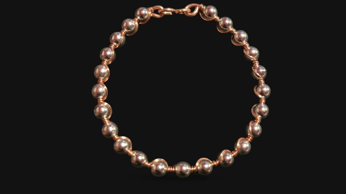 Metallic Silver Beaded & Copper Bracelet — Size 6 1/2 Small (6 mm Beads)